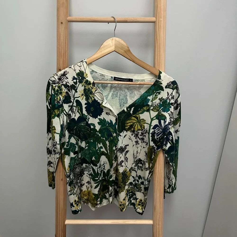 Sportscraft Cardigan Size M 12 Cotton Silk Blend Knit Green Cream Fern Floral - Picture 2 of 4